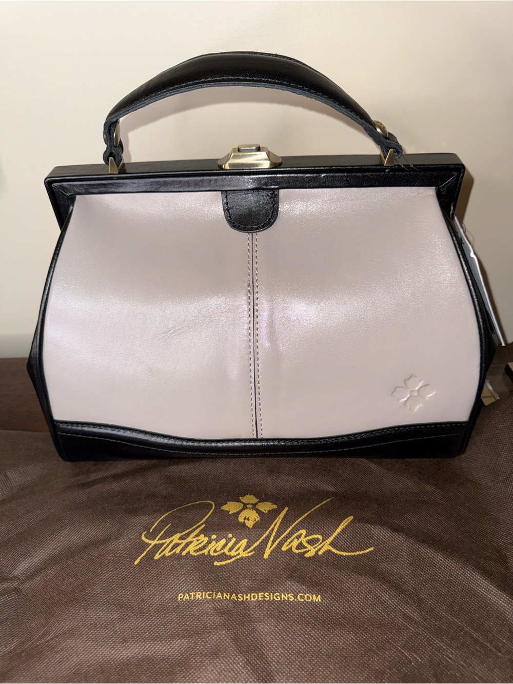 Patricia Nash Black and Light Gray Leather Frame Satchel